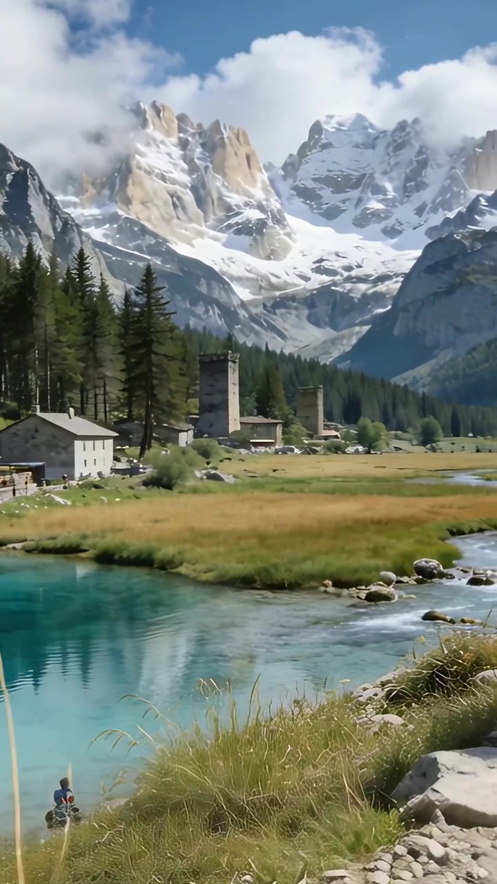 Video verticale: Telecamera che si sposta rivelando cime e una torre al lago, escursionista in giacca che cammina lungo la riva