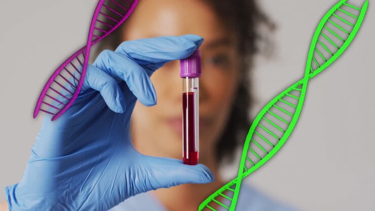 Animation of dna strands over african american female doctor holding vial with liquid