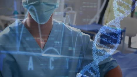 Animation-of-dna-helix-and-graph-over-caucasian-female-surgeon-standing-arms-crossed-in-hospital