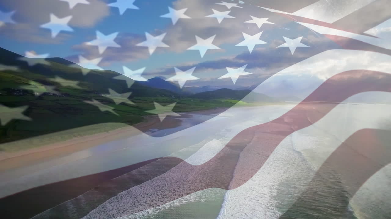 animación de la bandera de los estados unidos ondeando sobre el paisaje marino