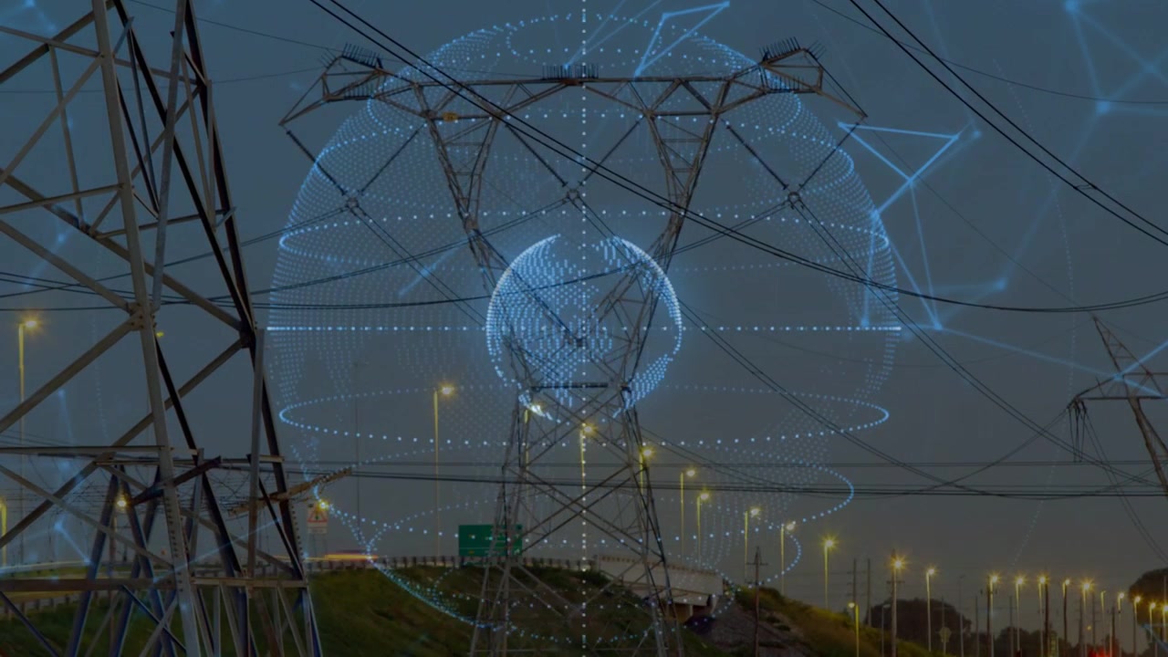 Blue hologram appearing around tower, core forming, rings orbiting, nodes pulsing visualizing grid