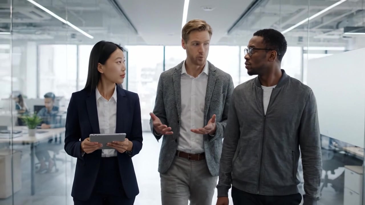 A Group of Professionals Engage in Discussion While Walking Through a Modern Office Space, Highlighting Collaboration and Teamwork in a Corporate Environment