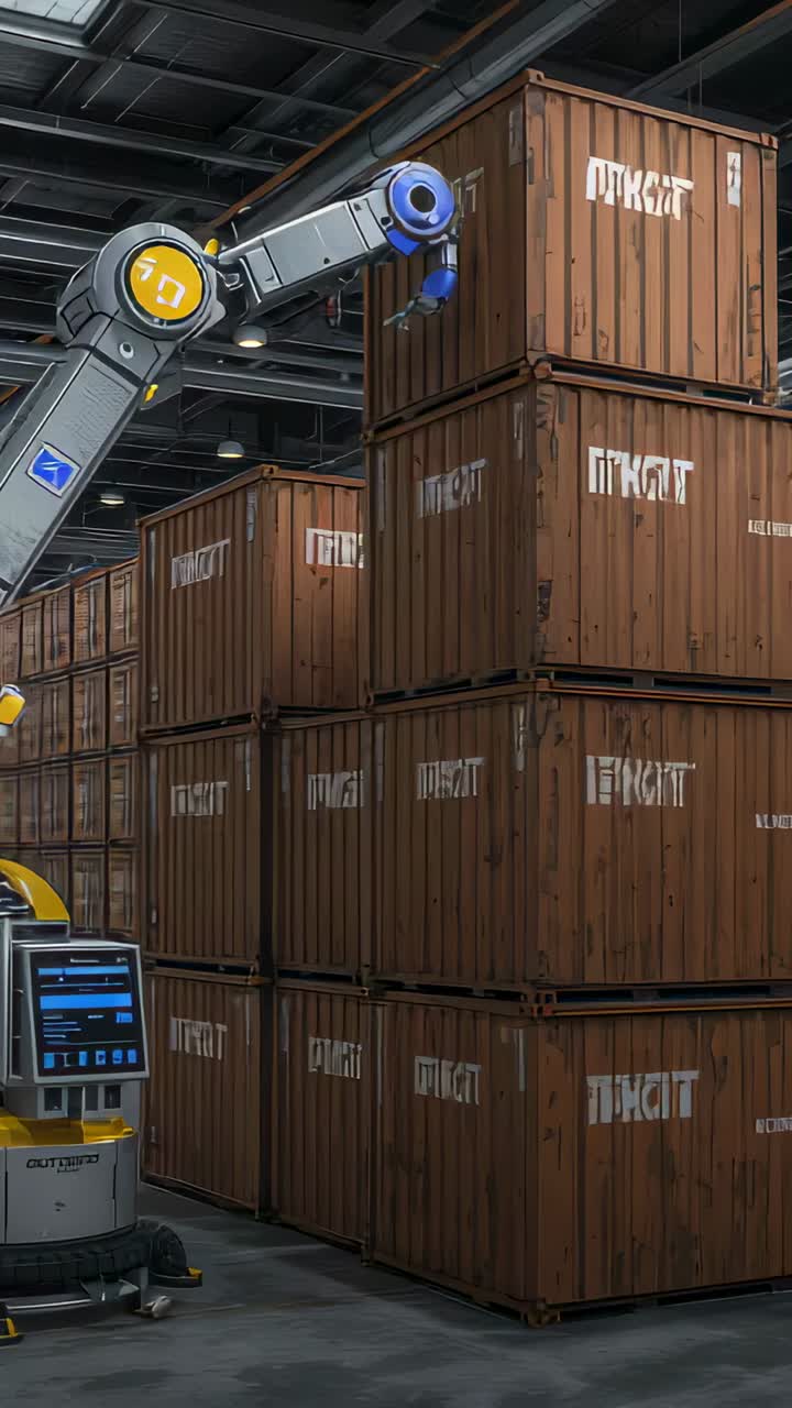 Vertical video: Extending robot arm reaching top crate in warehouse console lighting for inspecting