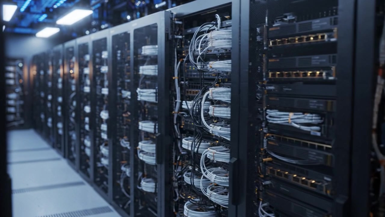 High-Tech Server Room with Organized Data Cables and Server Racks, Showcasing Modern Data Management Infrastructure and Advanced Computing Technology