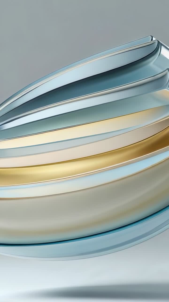Vertical video: Rotating 3D form hovering in virtual studio, revealing blue silver gold layers