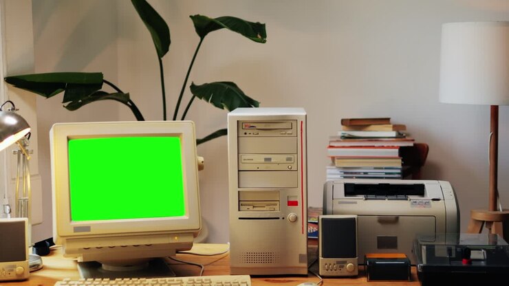 Retro pc-gaming, vintage desktop med konsol, der indlæser kode, programmør skriver scripts, grøn BASIC-skærm, nærbillede af gammelt computerstudie, retro-skærm, pc fra slut-90'erne