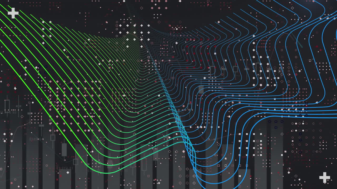Animation of moving green and blue mesh over computer motherboard