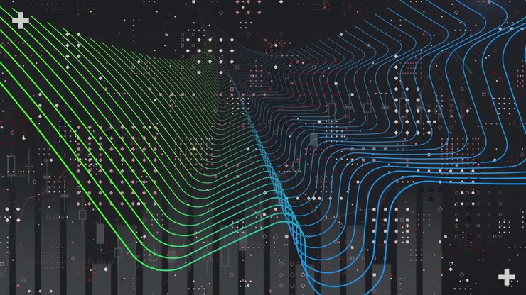 Animation of moving green and blue mesh over computer motherboard