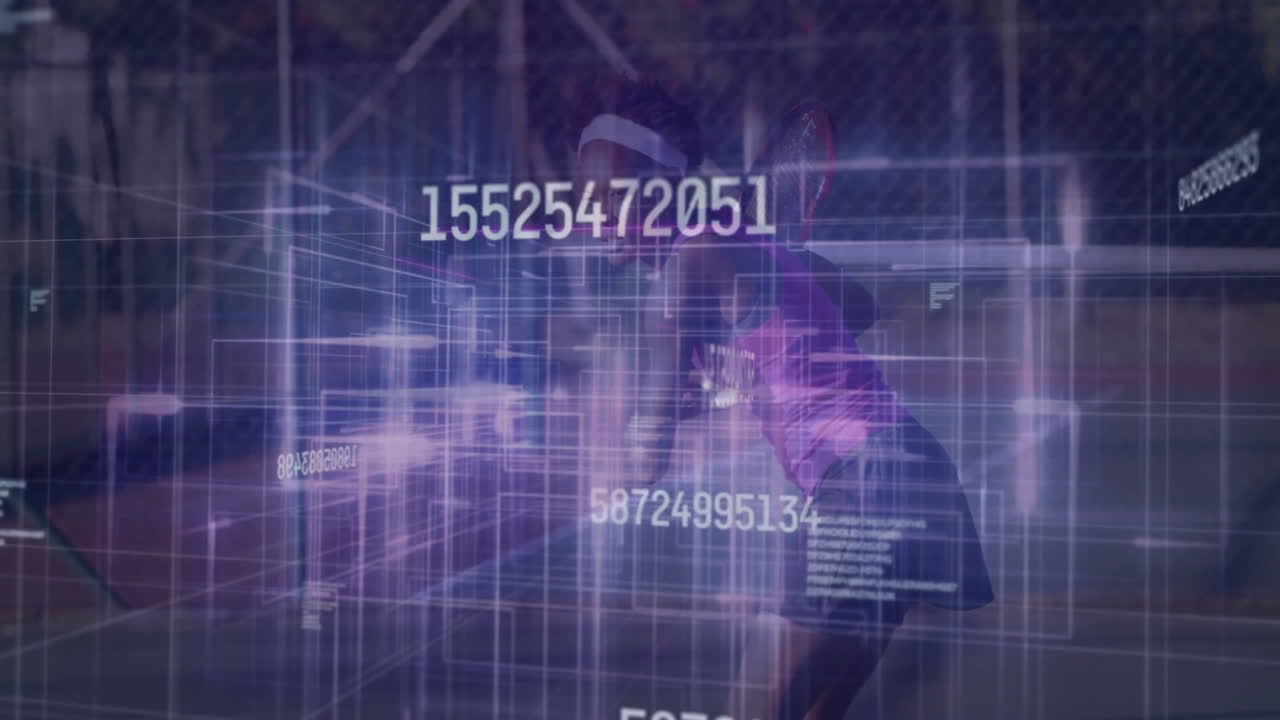 Female tennis player swinging on outdoor court, showing tech analytics grid and floating numbers