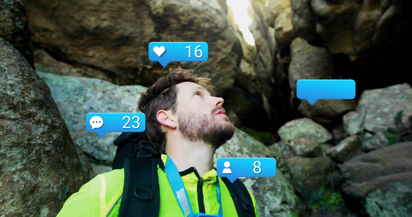Hiker in gap looking up, causing social media bubbles grouping, circling head showing engagement