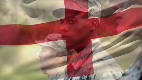 animation of flag of england over diverse male soldiers