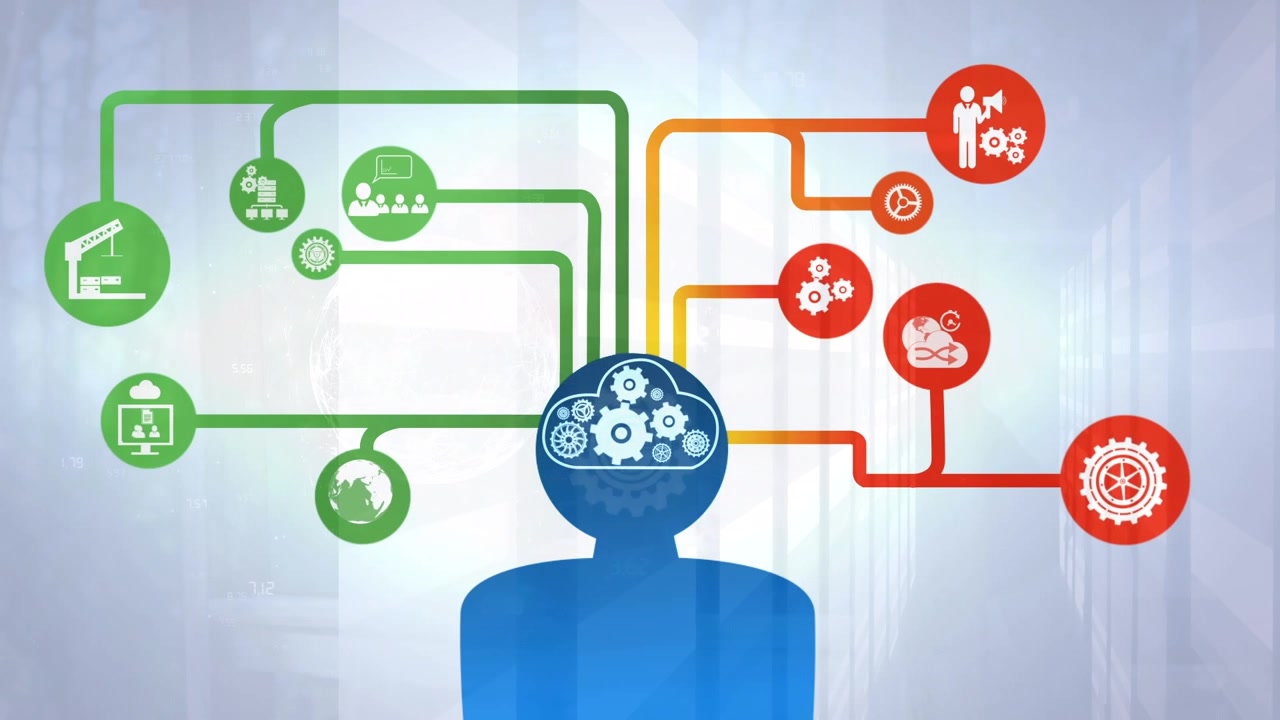 Animation of human model with gears in head and diverse icons