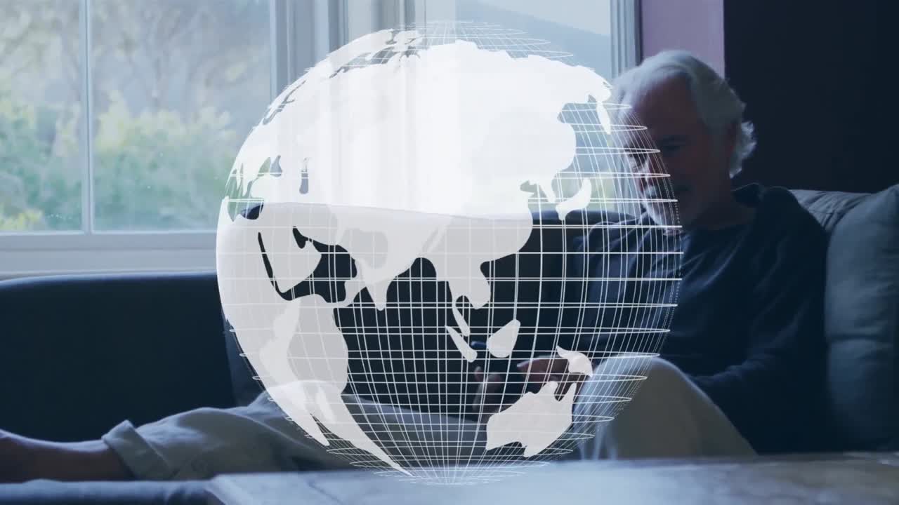 Animation of connections and globe over caucasian senior man using smartphone