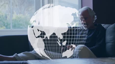 animation of connections and globe over caucasian senior man using smartphone