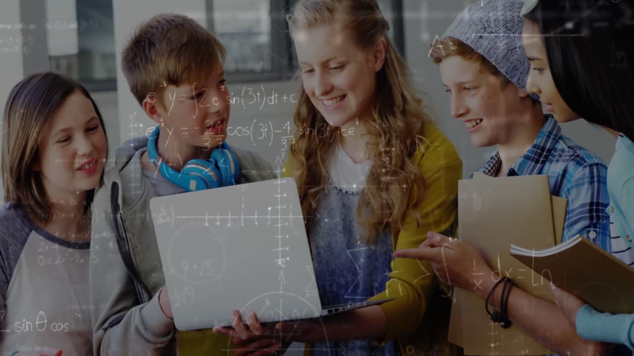 Animation of mathematical equations over school children using laptop in classroom