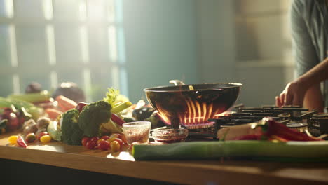 cooking vegetables on a gas stove