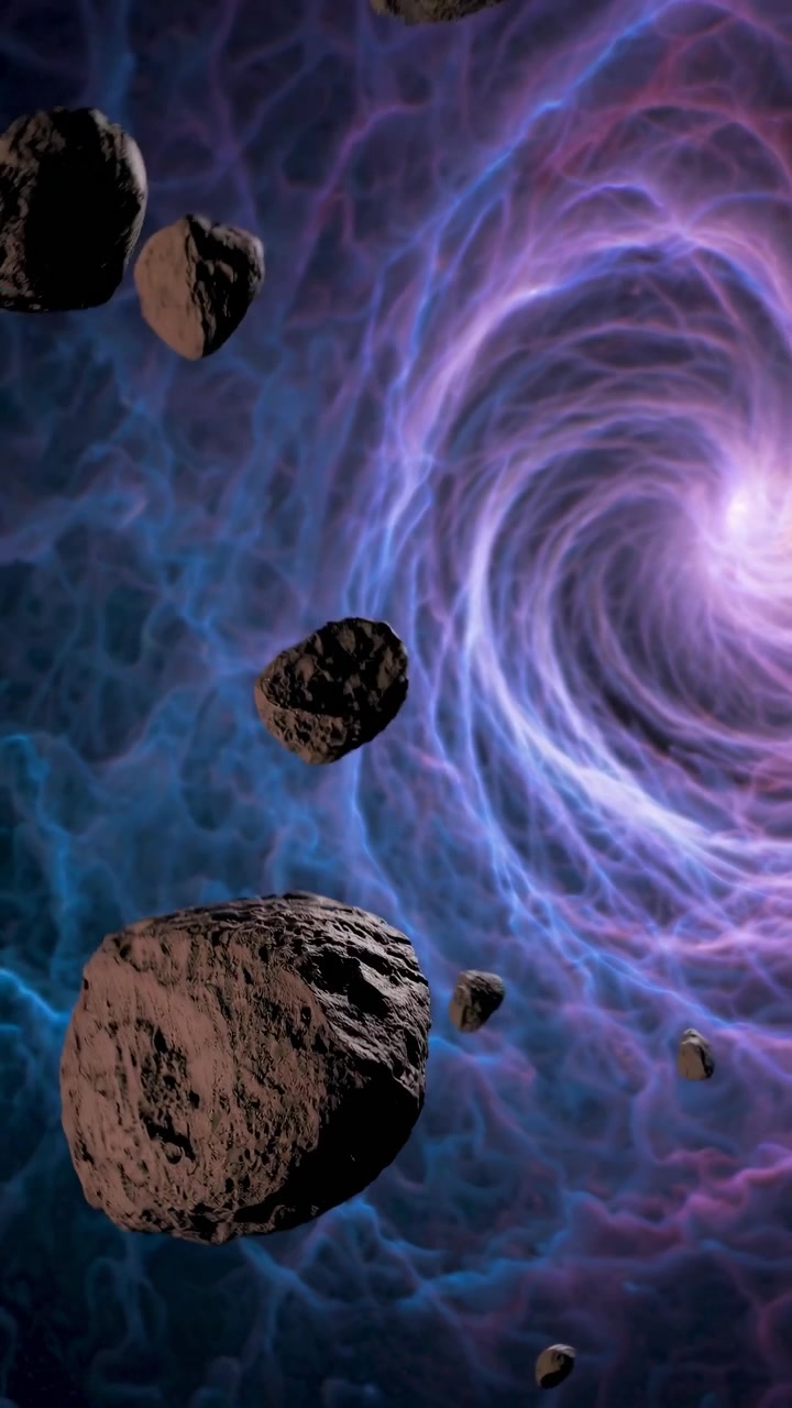 Asteroidi che fluttuano attraverso un colorato wormhole cosmico