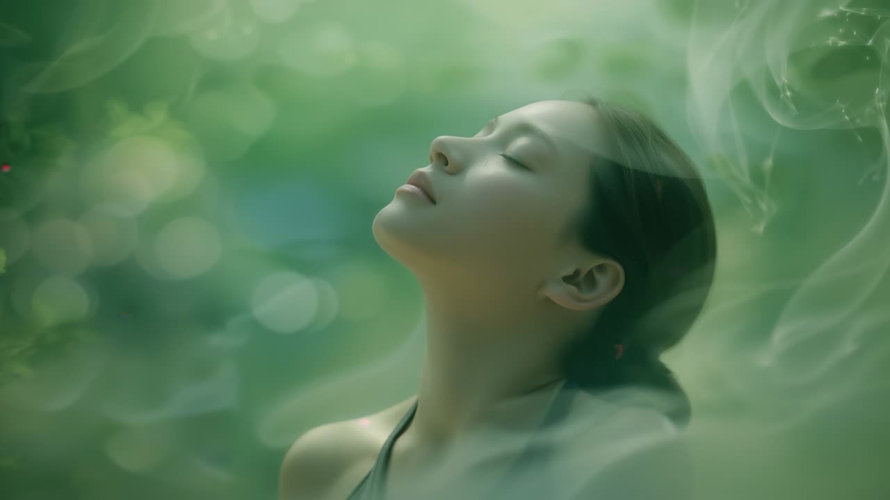 Drifting mist surrounding Asian woman in halter top inhaling in garden, vapor swirling, copy space