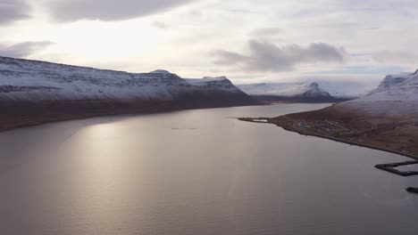 the peaceful deep river displays its beauty under the cloudy sky surrounded with snowy mountains - wide shot