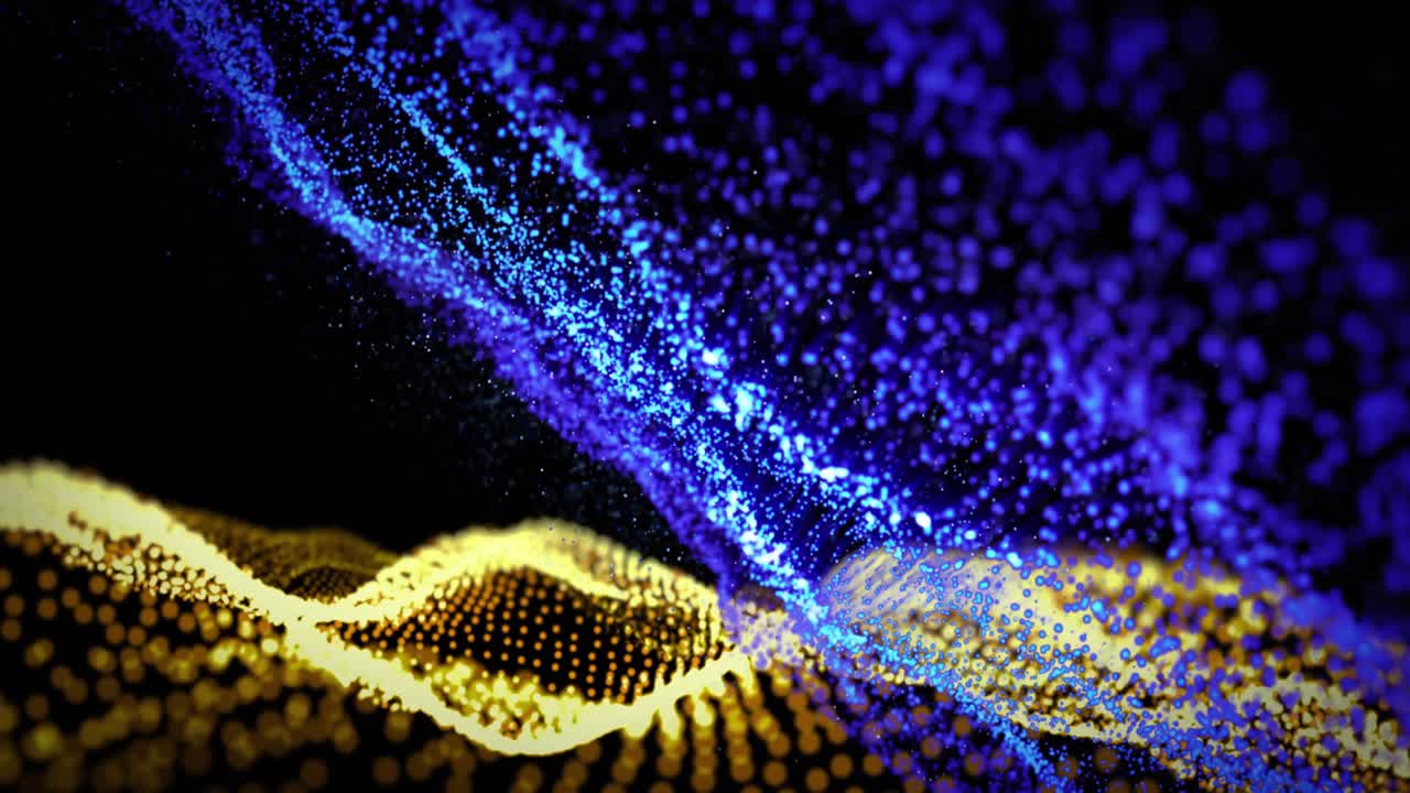 Animation of glowing blue particles over undulating yellow 3d landscape on black background