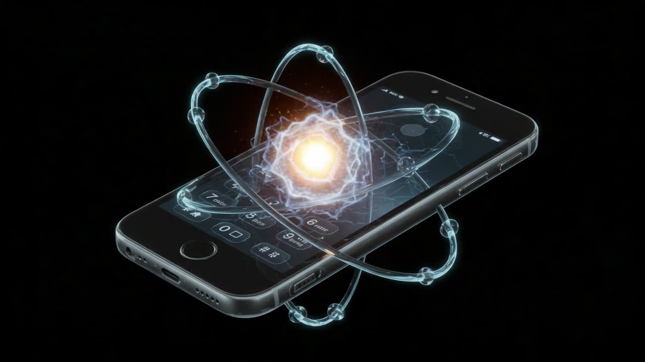 A Futuristic Representation of a Smartphone with an Atom Symbolizing Advanced Technology and Connectivity in a Digital Universe