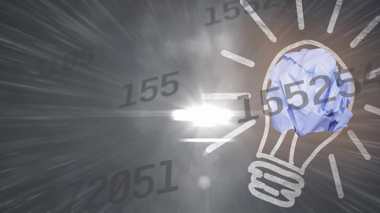 animación digital de múltiples números cambiantes y bombilla contra el punto de luz