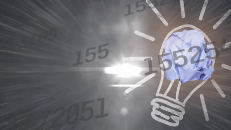 animación digital de múltiples números cambiantes y bombilla contra el punto de luz