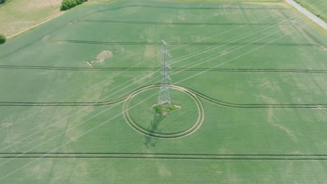 aerial establishing view of ripening grain field, organic farming, countryside landscape, production of food, high voltage powerline, sunny summer day, wide drone shot moving forward, tilt down