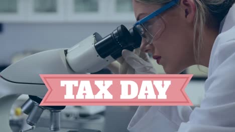 Animation-of-tax-day-text-over-close-up-of-caucasian-female-scientist-using-microscope-at-laboratory