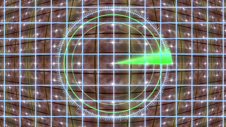 HUD panel with a radar grid and a moving background. Motion graphics