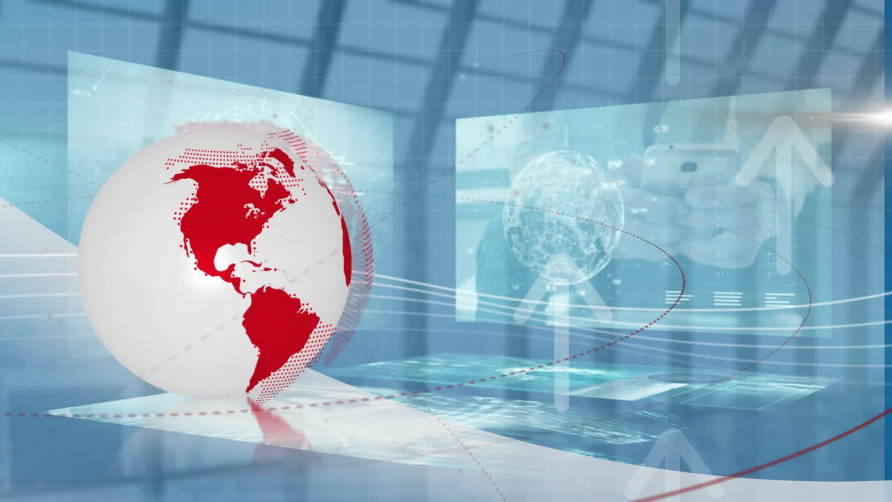 회전하는 지구, 화살표 아이콘, 빛의 반점 및 데이터 처리와의 인터페이스의 애니메이션