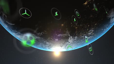 animation of eco icons and data processing over globe
