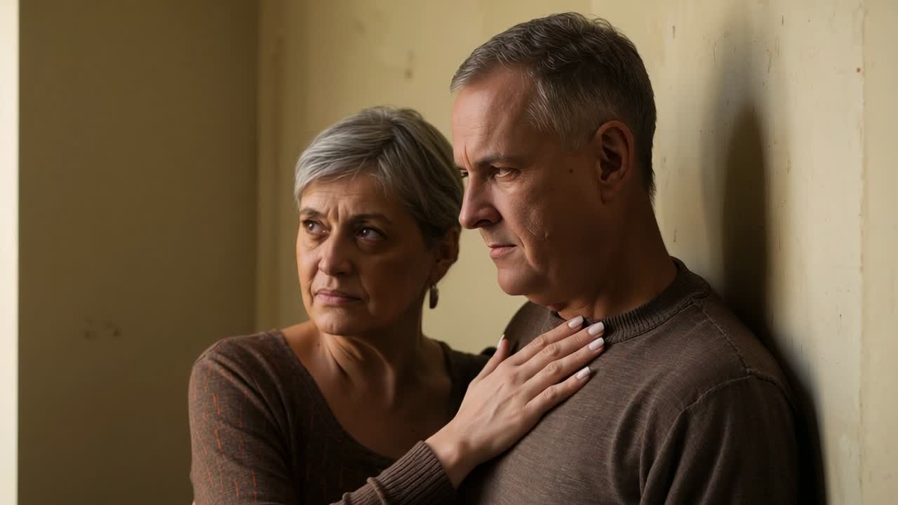 Raising senior woman placing hand on partner's chest in room, offering comfort in brown sweaters