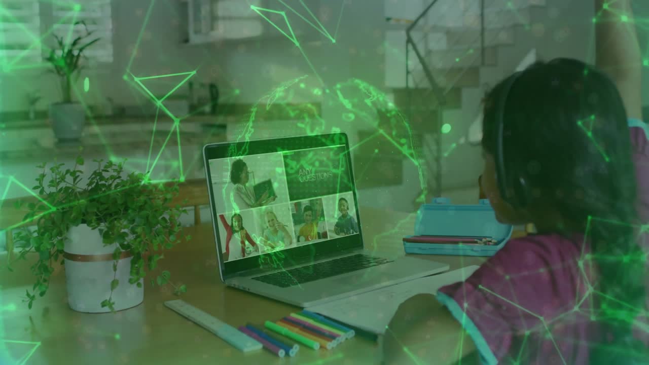 School-age girl opening laptop at desk joining education class with pencils pulsing globe overlay