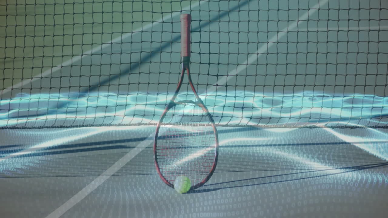 Technology scene showing tennis racket standing on hard court net line, digital waveforms streaming