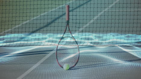 technology scene showing tennis racket standing on hard court net line, digital waveforms streaming