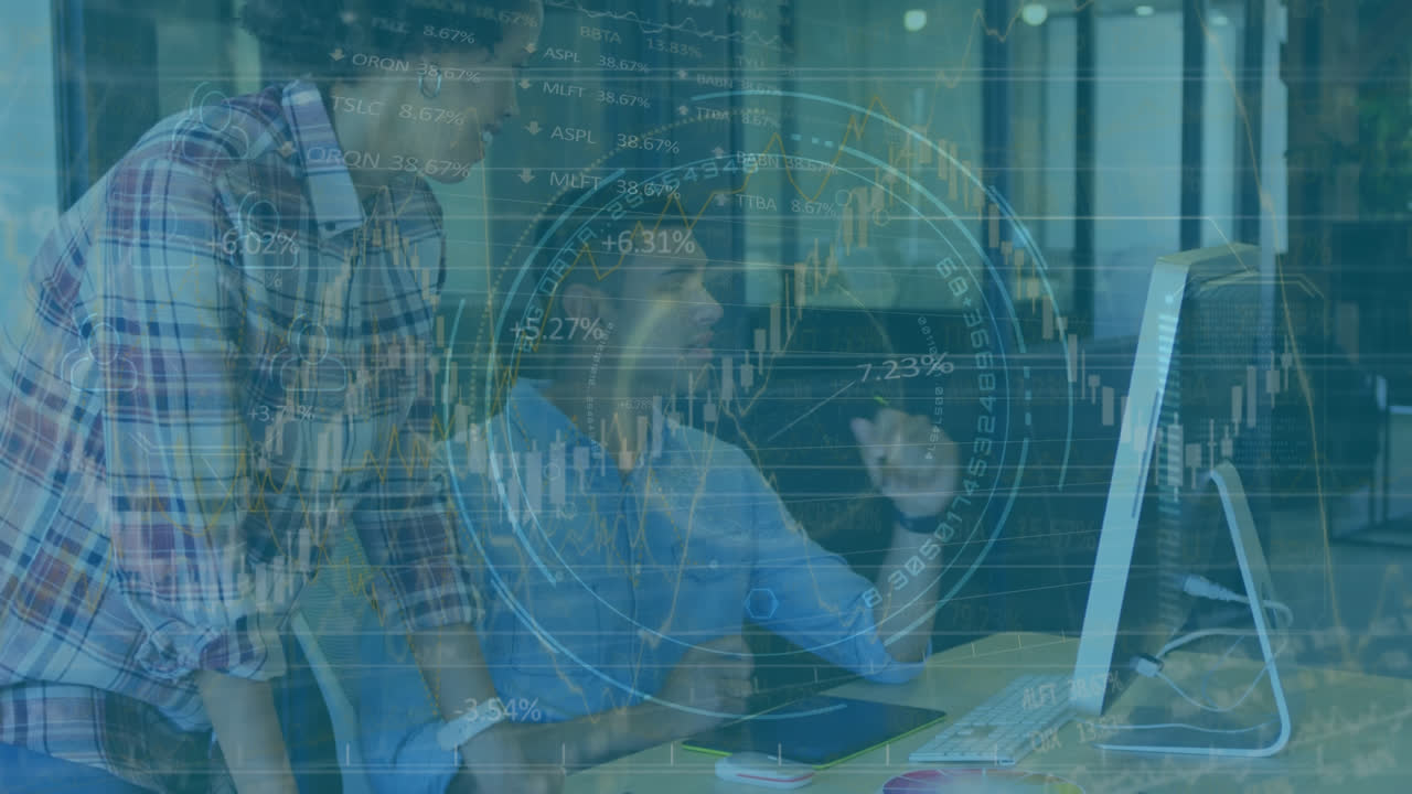 Animation of businesswoman and businessman using a computer with financial data processing 