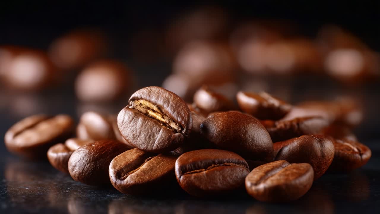 Store og aromatiske kaffebønner stablet på en mørk overflade, der fremhæver deres blanke tekstur og essensen af friskristede smage til gourmetbryg.