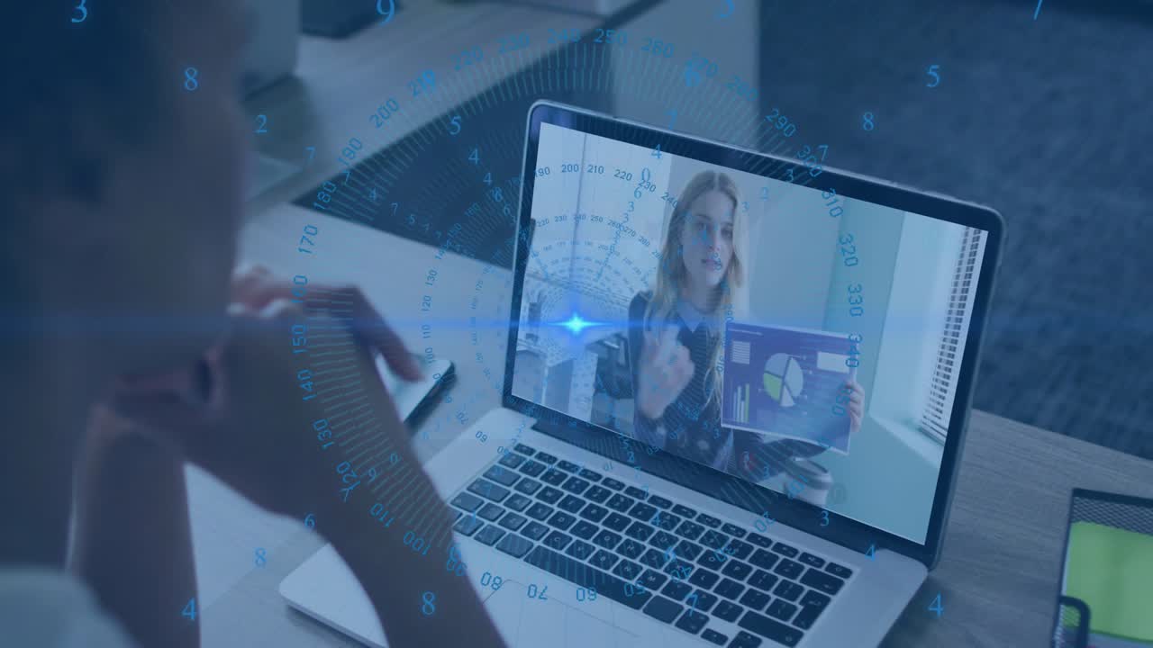 User launching business call and watching presenter showing pie charts then report and taking notes