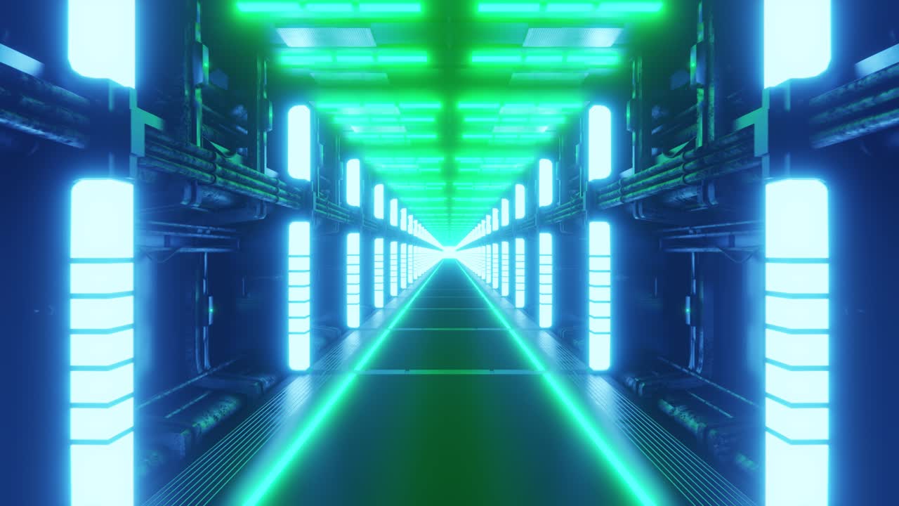 Illuminated hallway of futuristic spaceship. 3d infinite loop