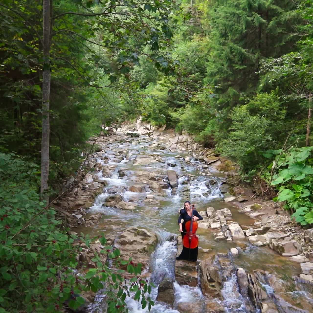 Cellist playing on instrument outdoors