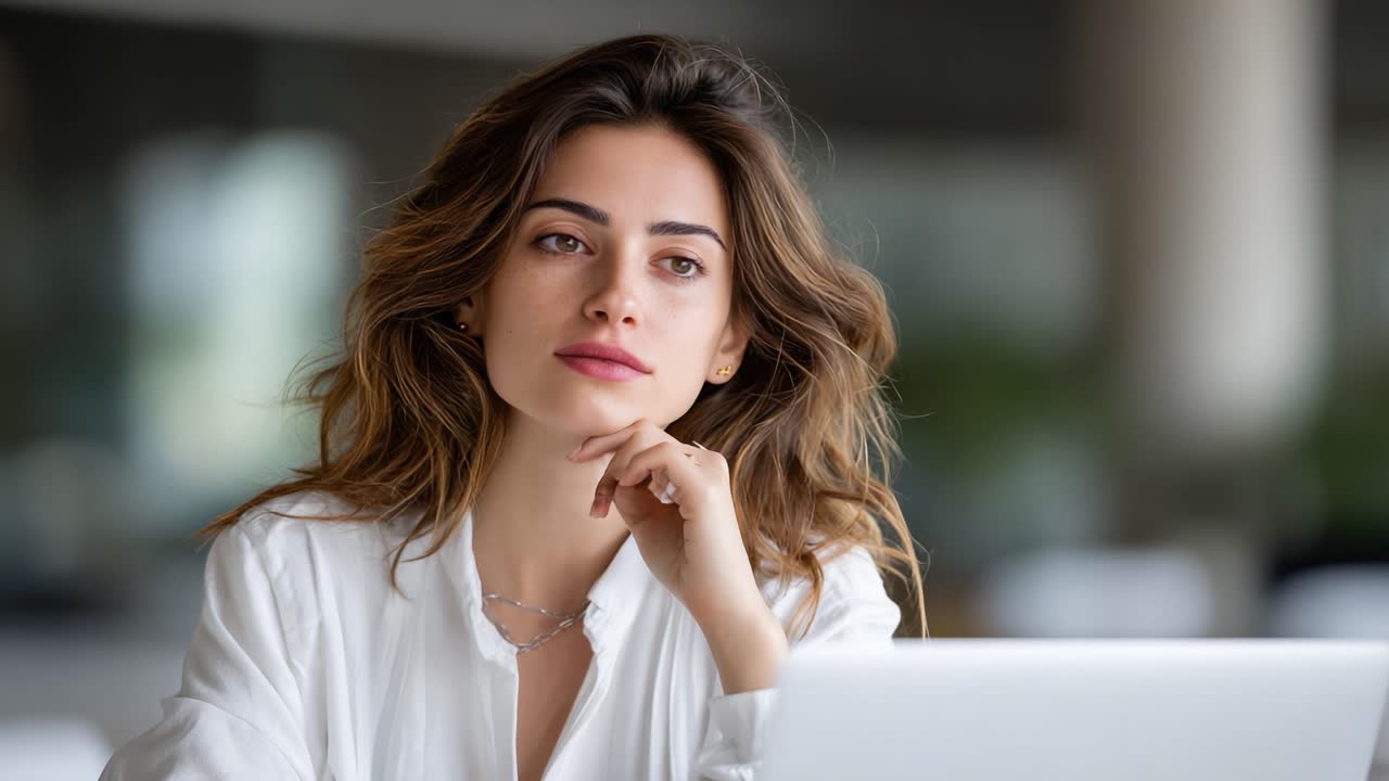 Una donna che contempla in uno spazio di lavoro: cattura momenti di riflessione e pensierosità mentre interagisce con il suo ambiente digitale.