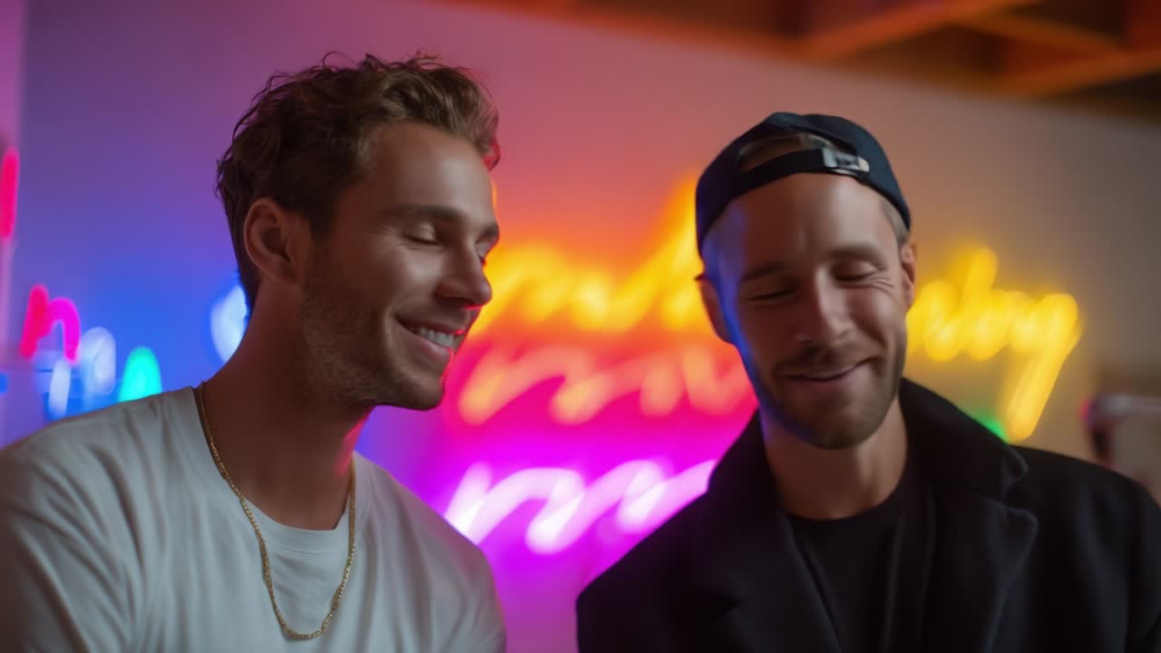 Captivating Moments: Two Friends Sharing Laughter and Connection Under Vibrant Neon Lights, Highlighting Joy and Friendship in a Colorful Atmosphere That Brings Warmth and Light to the Scene
