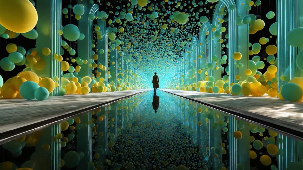 A mesmerizing scene with floating spheres in vibrant colors, reflecting on a tranquil pool of water, creating a surreal atmosphere that captivates the viewer's imagination