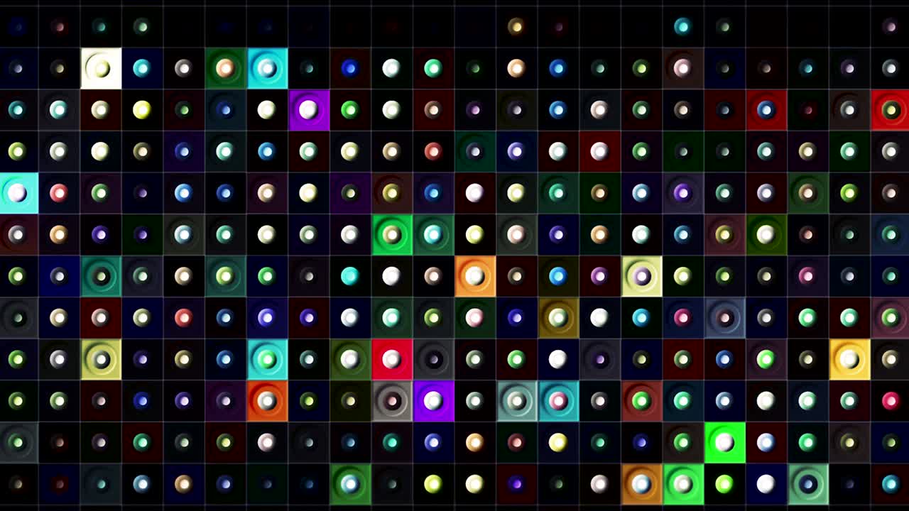 ecualizador de audio en fondo oscuro, anillos latentes. bucle sin costuras. movimiento. música o ecualizador sonoro en círculos parpadeantes dentro de filas de cuadrados
