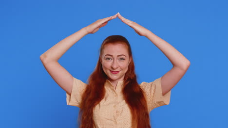 woman feeling in safe making roof above head with hands, insurance, security service, playing game