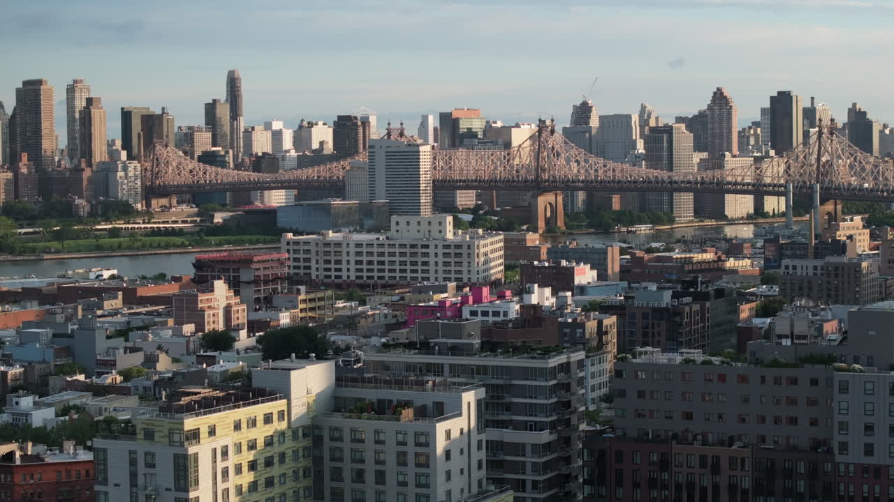 Aerial view of the Queensboro Bridge at sunrise. Shot in New York City
