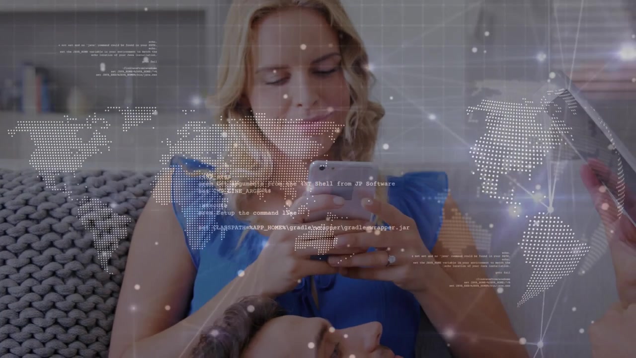 Animation of data processing and globe over caucasian woman using smartphone