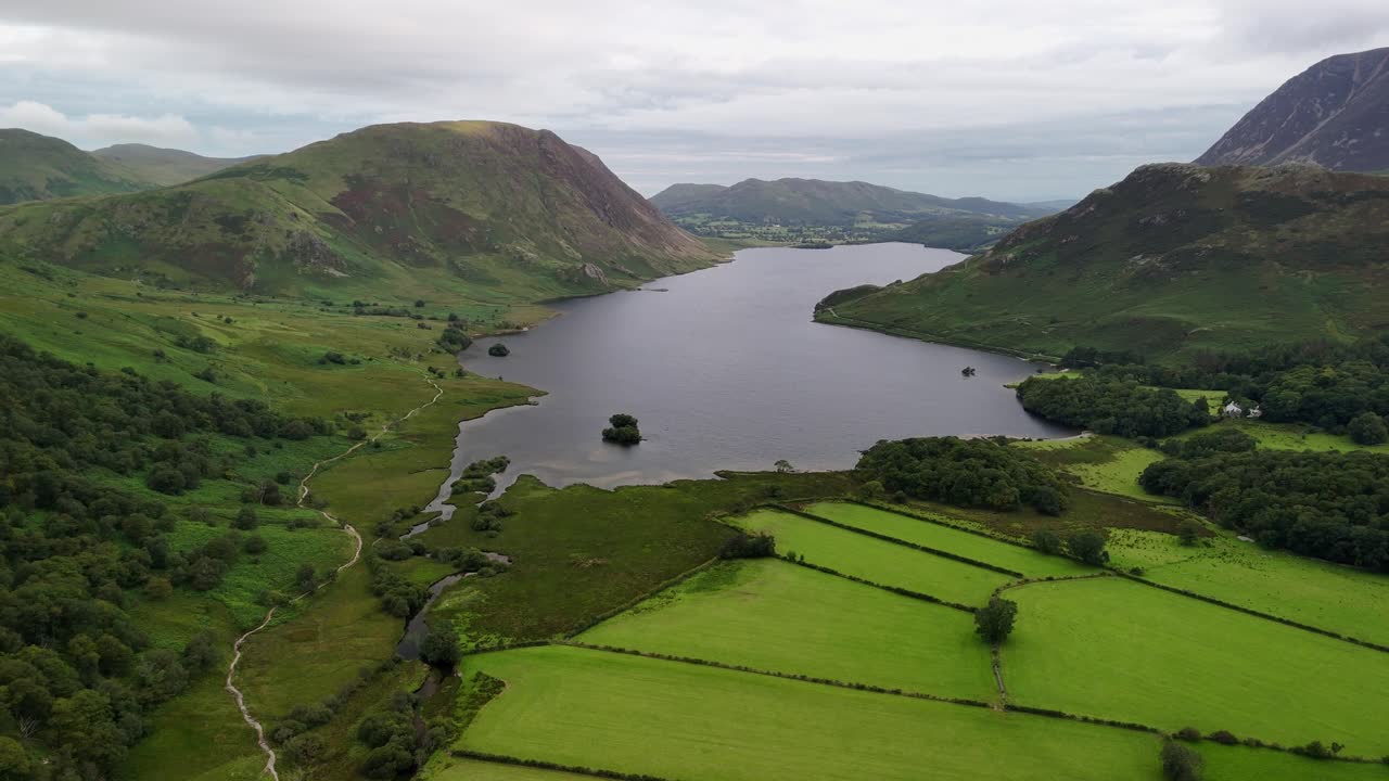 An aerial perspective of Buttermere, Lake District in England. Buttermere and Crummock Water on an overcast day