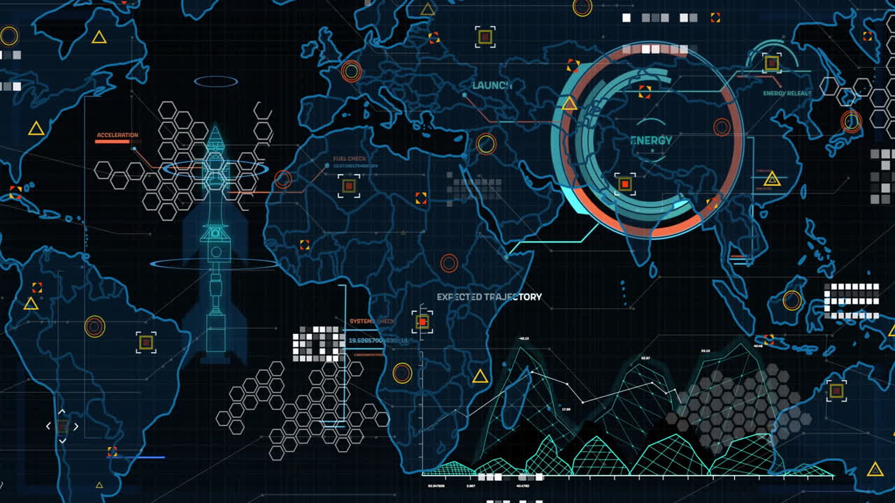 Displaying futuristic animation with world map, data graphs, and energy indicators